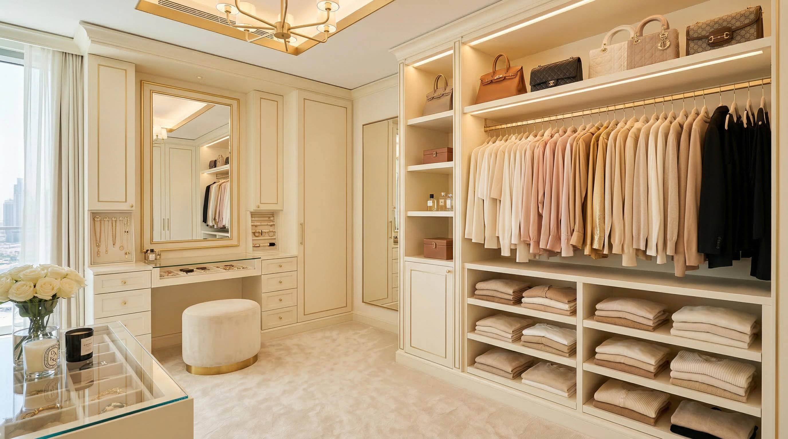 Beautifully organized luxury walk-in closet with warm lighting