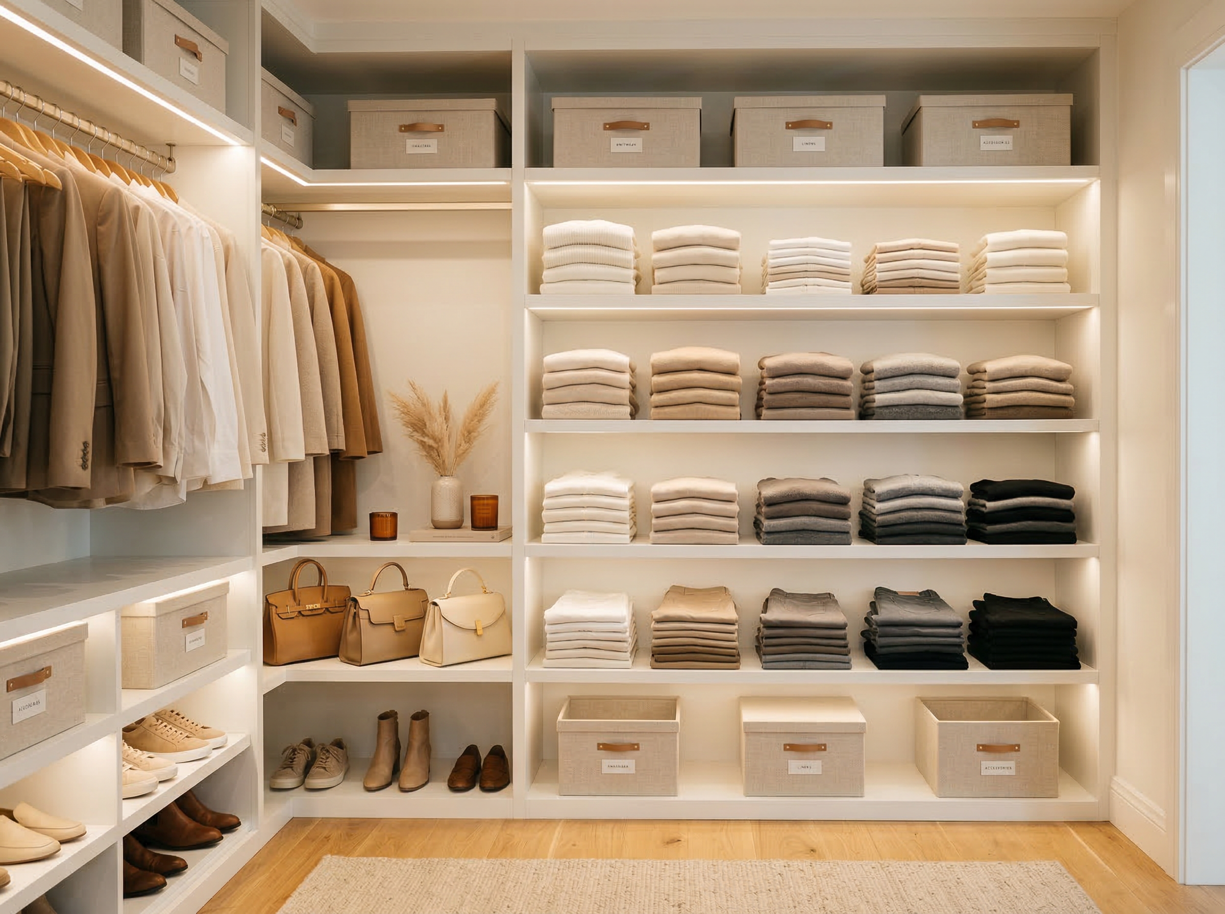 Professionally organized closet with color-coordinated clothing and storage boxes
