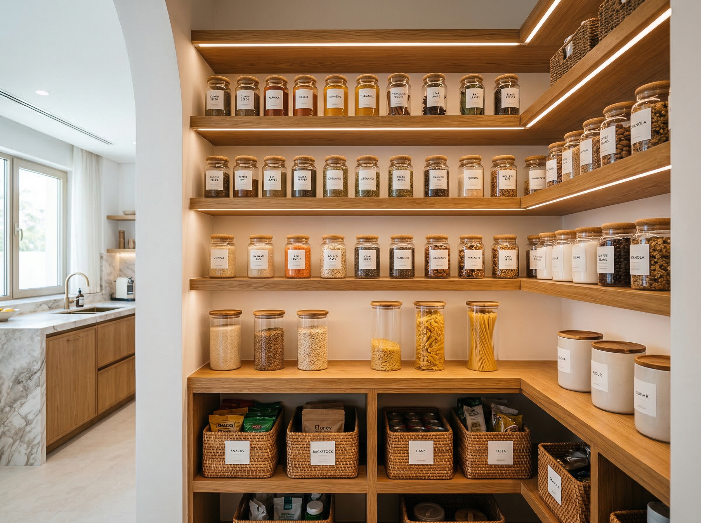 Organized pantry with labeled glass jars and neatly arranged ingredients