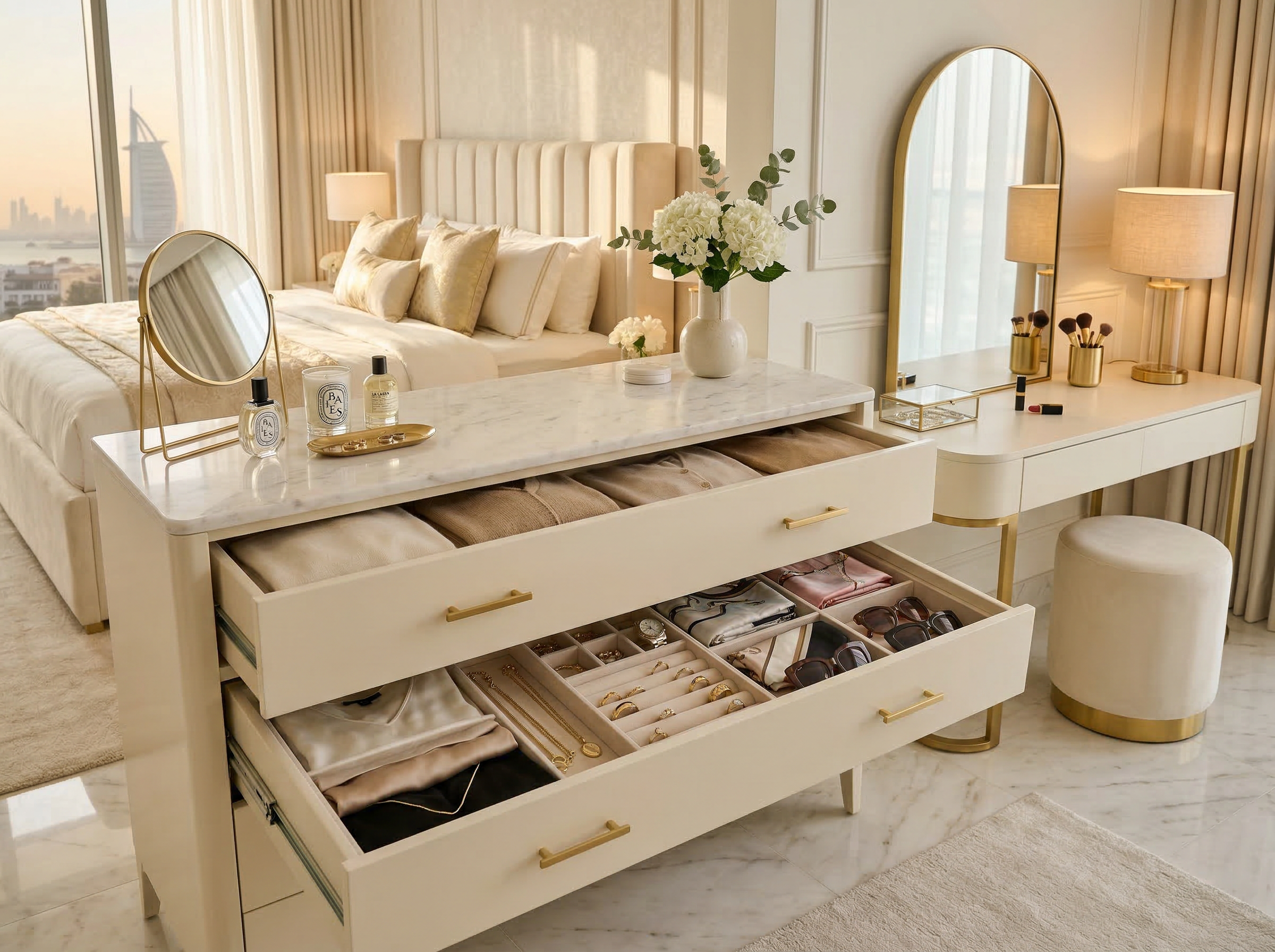 Elegantly organized bedroom dresser with neatly arranged accessories